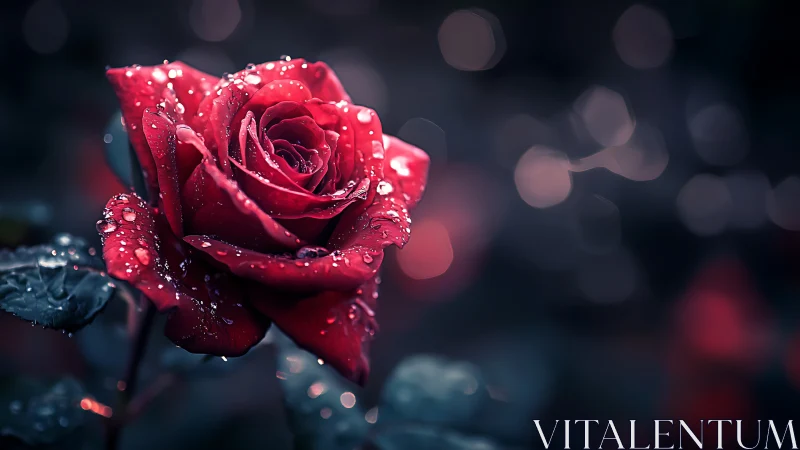 Crimson Rose with Dewdrops Against Bokeh Background.