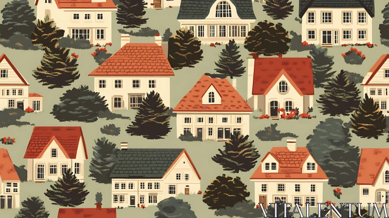 Storybook cottage neighborhood pattern in warm hues.