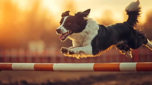 Border collie clearing agility jump at sunset in profile.