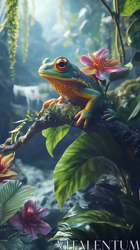 Red-eyed jungle guardian perched in misty orchid haven.