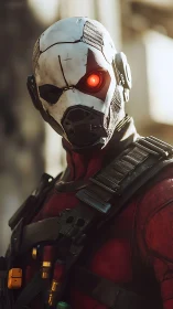 Armored cybernetic soldier stares ahead in harsh sunlight