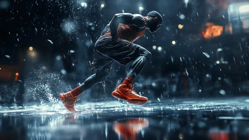 Explosive sprinter charges through rain on neon-lit street.