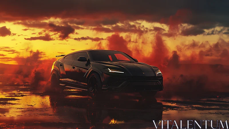 Black super SUV powers through dusk-lit wet desert plain