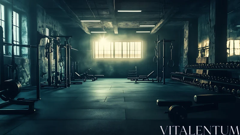 Lonely iron playground waits in misty warehouse sunlight