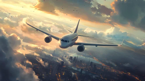 Sunlit passenger jet gliding home above glowing city skies.