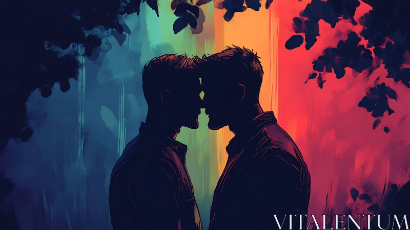 Silhouetted Dual Profiles with Vibrantly Layered Neon Spectrum Background