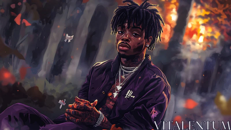 Moody digital portrait of man seated in autumn forest scene.