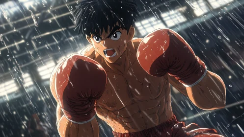 Determined Boxer in Rain. Athletic Combat Sport Portrait.