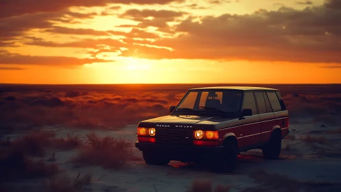 Retro off road icon idles in desert dusk ember glow.