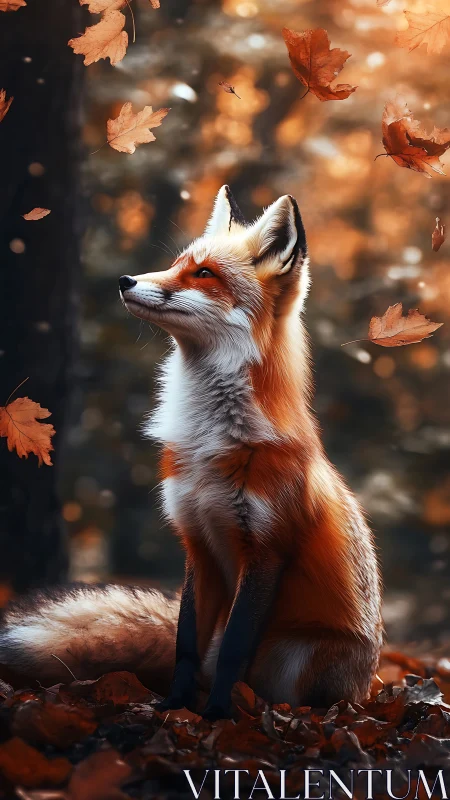 Autumn fox poised beneath swirling copper leaves in forest.