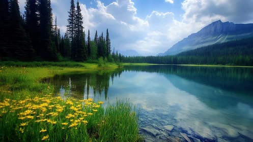 Mountain lake mirrored by pines and summer wildflowers.