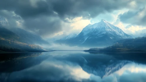 Snowbound peaks mirrored on tranquil glacial lake at dawn.