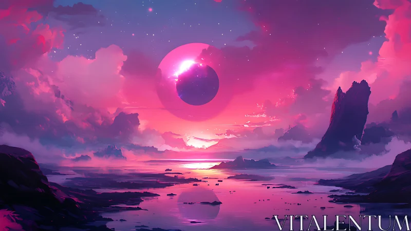 Celestial orb over neon coastline under luminous magenta sky.