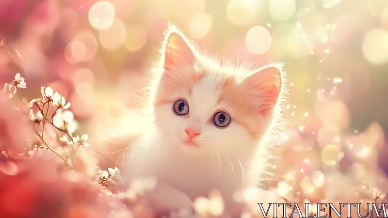 White feline kitten with peach-pink ears, amethyst eyes in soft bokeh garden setting