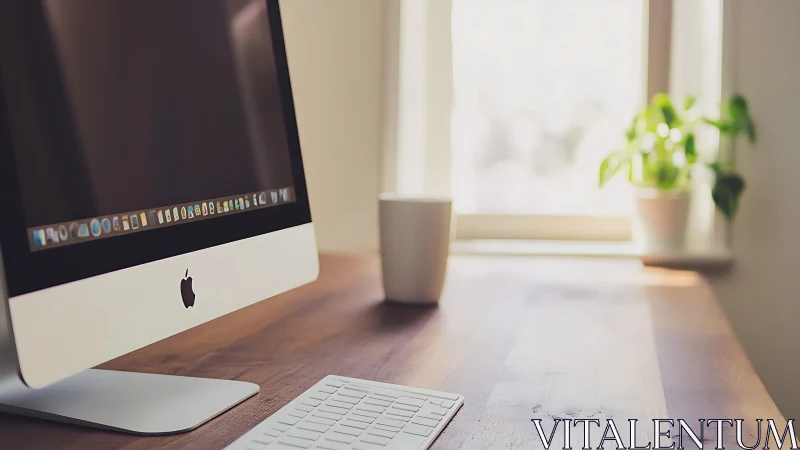 Calm home workspace with sunlight, coffee, and computer.