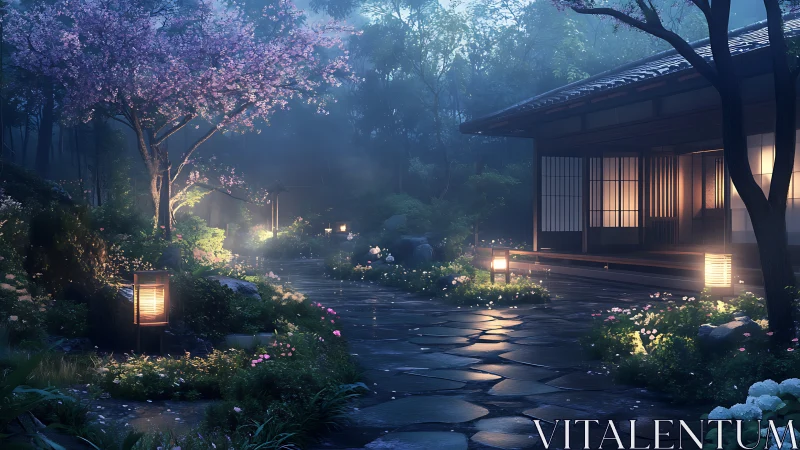 Moonlit Japanese garden path beside shoji-lit teahouse.