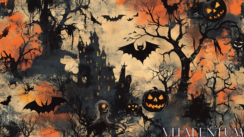 Haunted castle silhouette with bats, trees, and pumpkins.