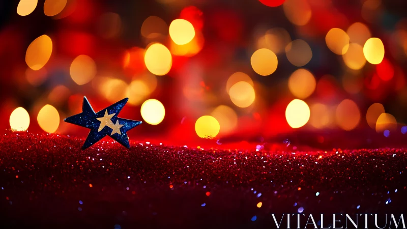 Blue star ornament on red glitter with warm bokeh lights.