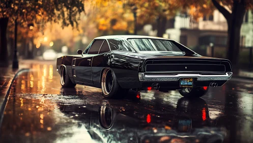 Midnight muscle car gliding through rainlit autumn streets.