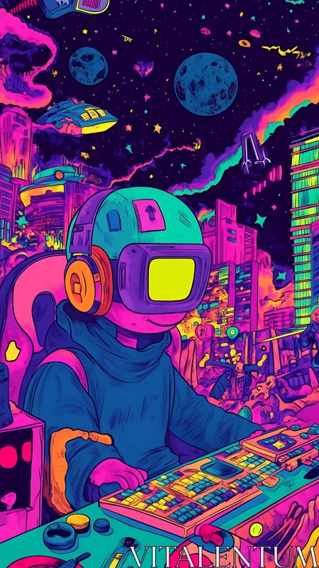 Helmeted operator at console in saturated neon cityscape.