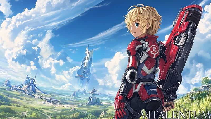 Skybound ranger surveys gleaming mecha citadels beyond.