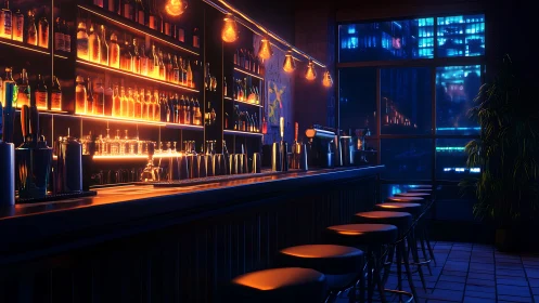 Golden bar lights glow softly against the cool city night