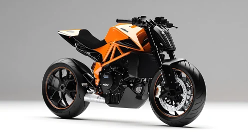 Aggressive orange streetfighter motorcycle in studio light.
