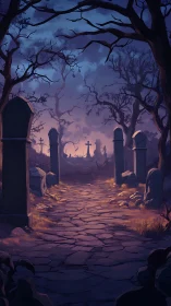 Moonlit graveyard path hums with eerie twilight whispers.