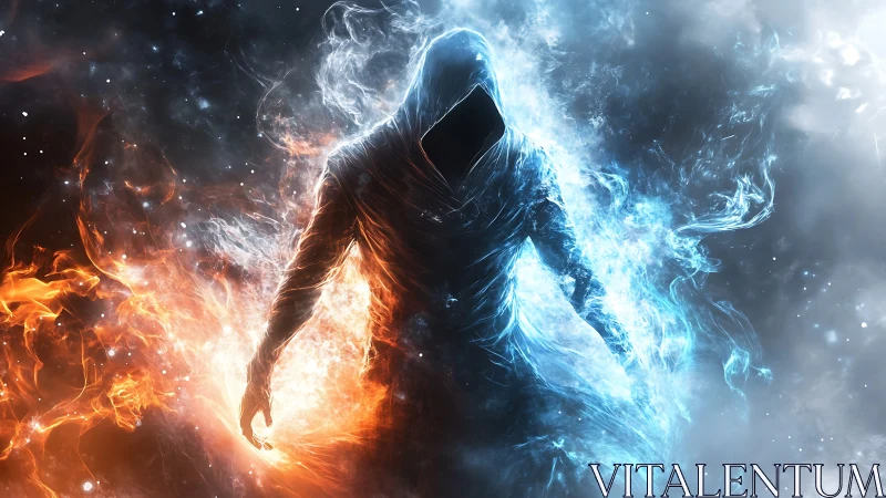 Hooded elemental figure divides searing fire and icy plasma energies