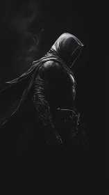 Shadow cloaked warrior stands calm in the silent darkness