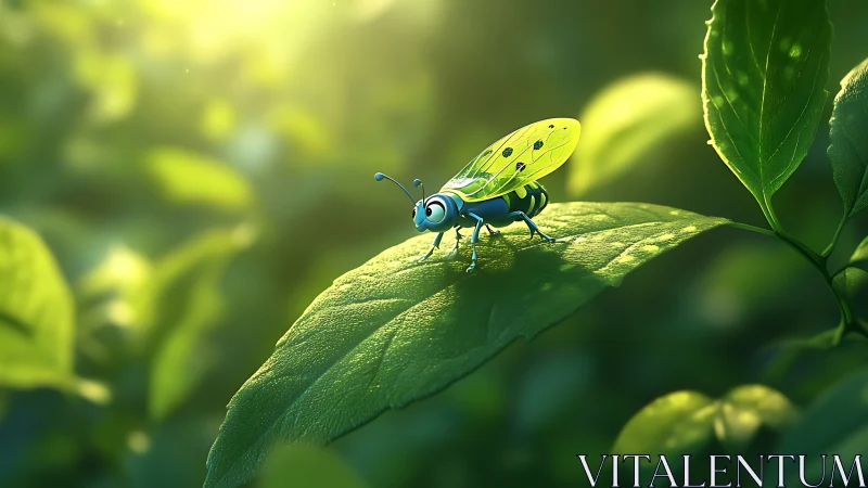 Curious glowing bug resting on a sunlit green leaf.