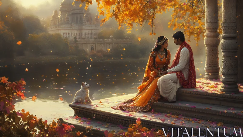 Romantic couple share a golden sunset by a tranquil lake