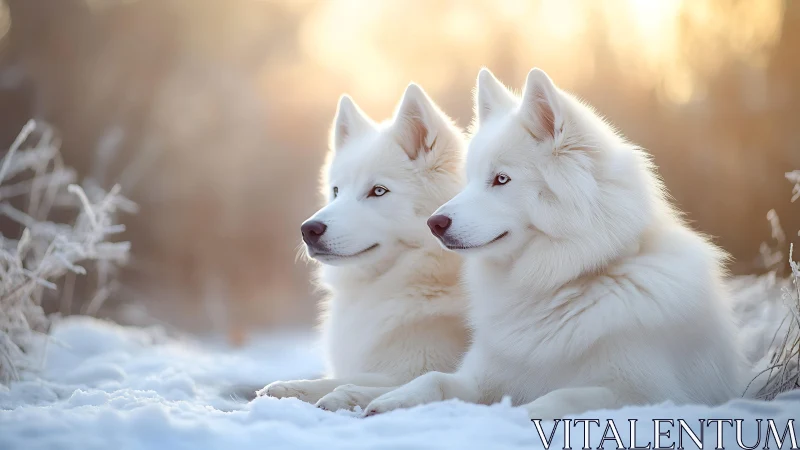 White husky pair resting in soft winter sunset snow.