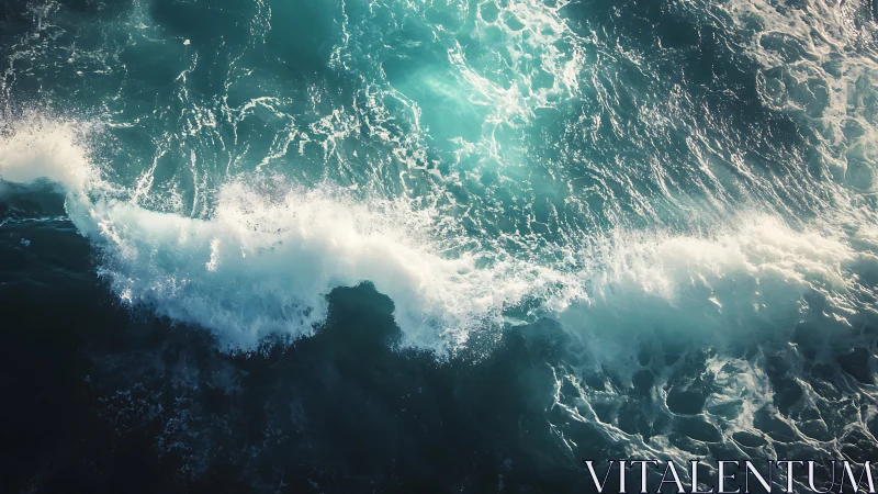 Sunlit turquoise ocean wave crashes over dark deep water