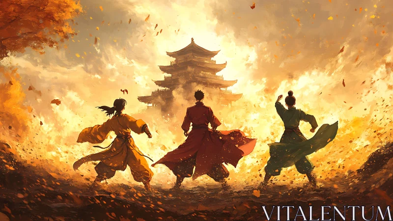 Three warriors ignite autumn winds before a blazing temple