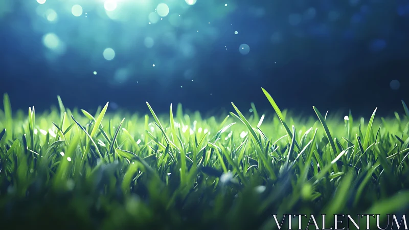 Close view of sunlit grass blades with soft bokeh glow.