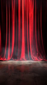 Velvet stage curtain with atmospheric floor reflections poised.