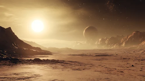 Distant sun over rocky extraterrestrial desert landscape.