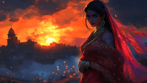 Woman in red sari before dramatic sunset city skyline.