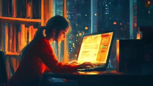 Young person works on laptop in dim interior office at night