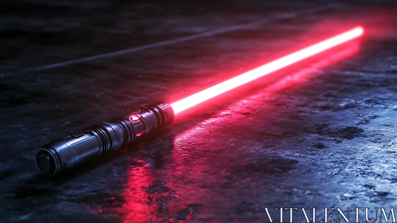 Crimson plasma saber humming over rain-dark metal floor.