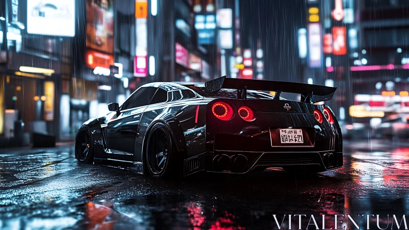 Black sports car on wet neon city street at night period