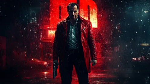 Rain-soaked detective strides through neon-lit city night