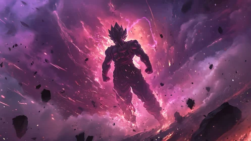 Saiyan warrior silhouette within explosive cosmic aura.