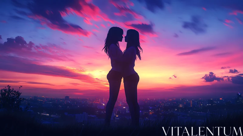 Digital painting silhouette couple at dusk skyline horizon.