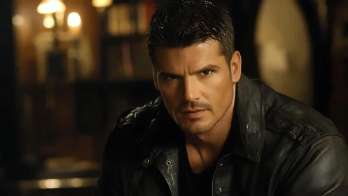 Low key portrait of intense man in leather jacket indoors