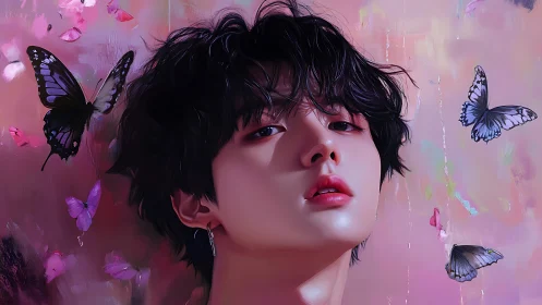 Soft-lit portrait with butterflies and pastel haze.