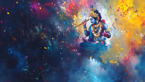 Divine blue Krishna seated in cosmic nebula of saturated color.