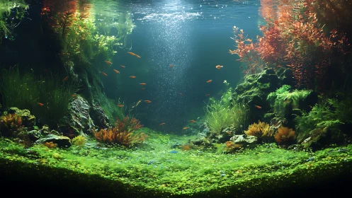 Lush aquascape glows under dappled light in tranquil water