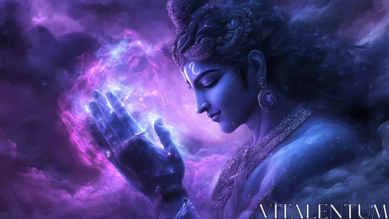 Divine blue deity in profile channels radiant cosmic energy